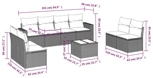 VidaXL 9 részes barna polyrattan kerti ülőgarnitúra párnákkal