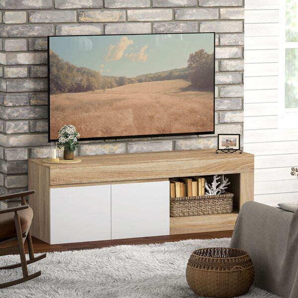 HOMCOM 60"-os TV szekrény szekrénnyel, 2 ajtóval és nyitott polccal, fa TV bútor, 140x40x48 cm, natúr fa
