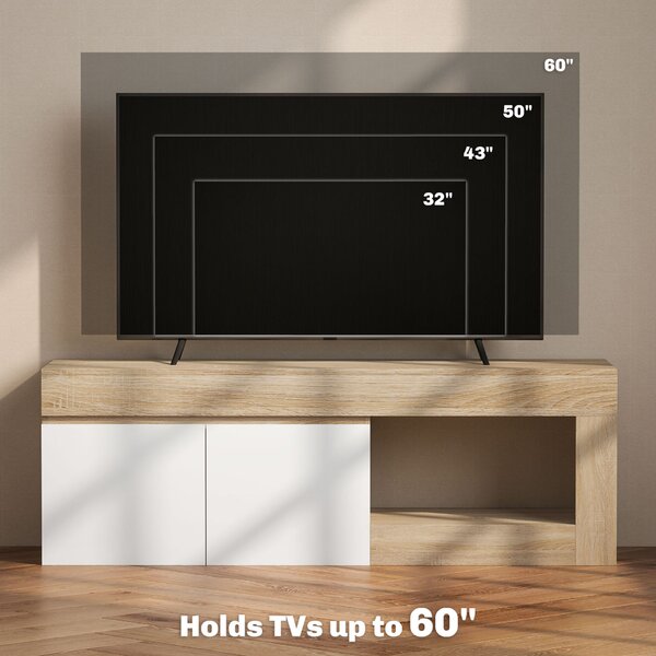 HOMCOM 60"-os TV szekrény szekrénnyel, 2 ajtóval és nyitott polccal, fa TV bútor, 140x40x48 cm, natúr fa