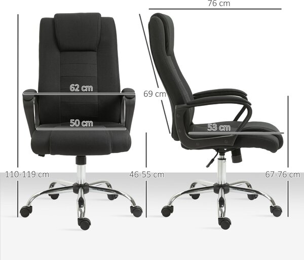 Vinsetto ergonomikus irodai szék széles üléssel, dönthető vászon irodai szék, tanulóasztal szék fejtámlával, párnázott karfákkal, forgó görgőkkel, állítható magasságú, fekete