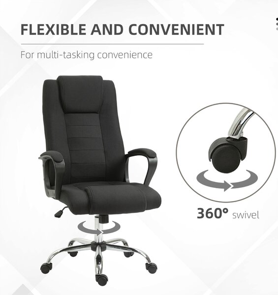 Vinsetto ergonomikus irodai szék széles üléssel, dönthető vászon irodai szék, tanulóasztal szék fejtámlával, párnázott karfákkal, forgó görgőkkel, állítható magasságú, fekete