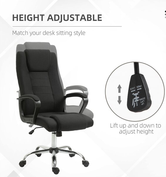 Vinsetto ergonomikus irodai szék széles üléssel, dönthető vászon irodai szék, tanulóasztal szék fejtámlával, párnázott karfákkal, forgó görgőkkel, állítható magasságú, fekete