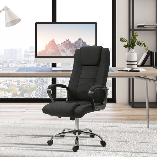 Vinsetto ergonomikus irodai szék széles üléssel, dönthető vászon irodai szék, tanulóasztal szék fejtámlával, párnázott karfákkal, forgó görgőkkel, állítható magasságú, fekete