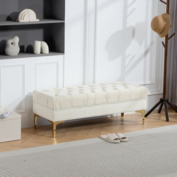 HOMCOM Pad Tűzött Huzattal, Bársony Kárpitozású Pad Fém Lábakkal, 118x45x42 cm, Bézs