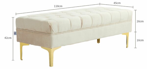 HOMCOM Pad Tűzött Huzattal, Bársony Kárpitozású Pad Fém Lábakkal, 118x45x42 cm, Bézs