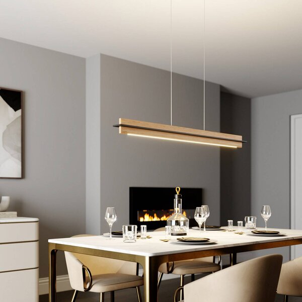 Quitani LED-es függőlámpa Lexa, tölgy/fekete, hossza 118 cm, dimmelhető, Világos fa, Nappali / Étkező, Fa, Modern