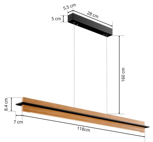 Quitani LED-es függőlámpa Lexa, tölgy/fekete, hossza 118 cm, dimmelhető, Világos fa, Nappali / Étkező, Fa, Modern