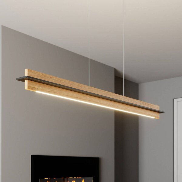 Quitani LED-es függőlámpa Lexa, tölgy/fekete, hossza 118 cm, dimmelhető, Világos fa, Nappali / Étkező, Fa, Modern