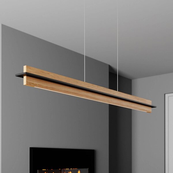 Quitani LED-es függőlámpa Lexa, tölgy/fekete, hossza 118 cm, dimmelhető, Világos fa, Nappali / Étkező, Fa, Modern