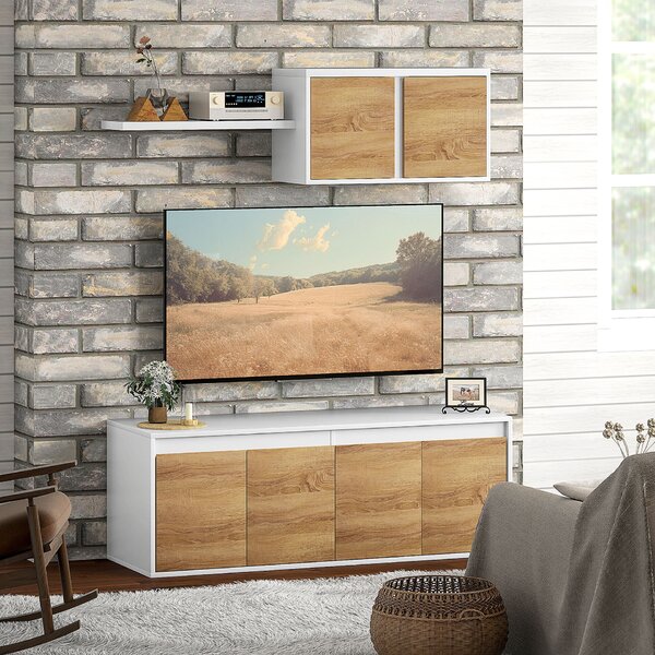 HOMCOM TV bútor szett és akasztós szekrény 7 polccal és egy nyitott polccal, forgácslap TV bútor, 120x41x43,3 cm, fehér