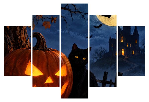 XXL Kép - Fekete macska egy világító halloweeni tök mellett (150x105 cm)
