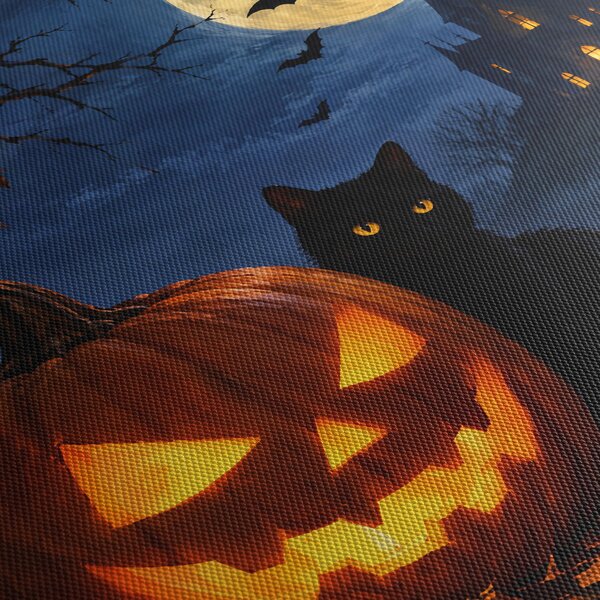 Kép - Fekete macska egy világító halloweeni tök mellett (órával) (90x30 cm)