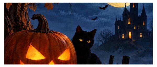 Kép - Fekete macska egy világító halloweeni tök mellett (120x50 cm)