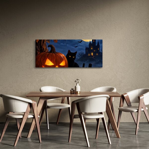 Kép - Fekete macska egy világító halloweeni tök mellett (120x50 cm)
