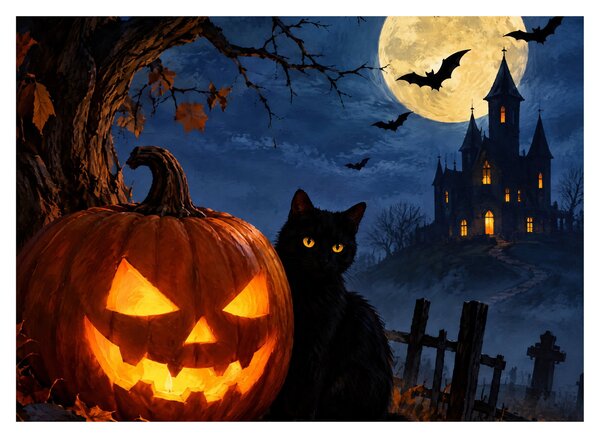 Üveg kép - Fekete macska egy világító halloweeni tök mellett (70x50 cm)
