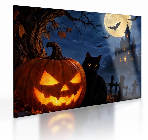 Üveg kép - Fekete macska egy világító halloweeni tök mellett (70x50 cm)