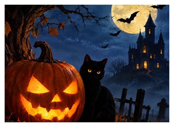 Kép - Fekete macska egy világító halloweeni tök mellett (70x50 cm)