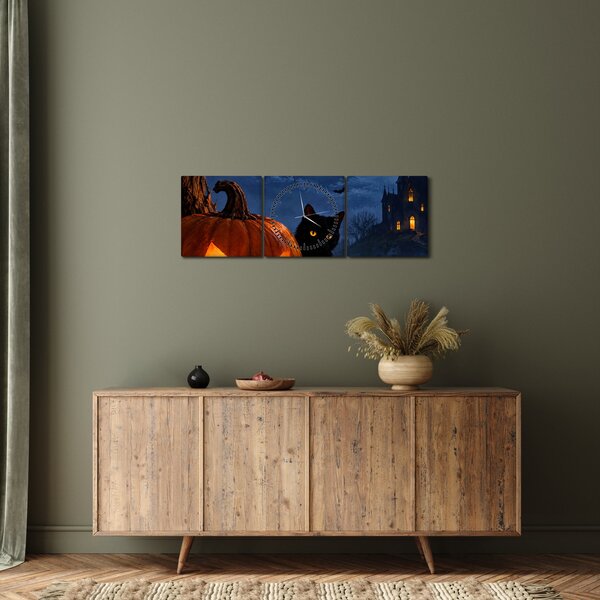 Kép - Fekete macska egy világító halloweeni tök mellett (órával) (90x30 cm)