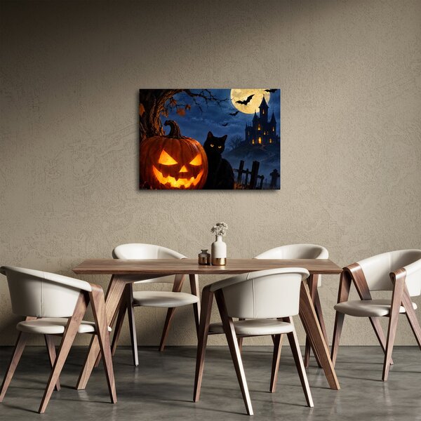 Kép - Fekete macska egy világító halloweeni tök mellett (70x50 cm)