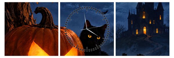 Kép - Fekete macska egy világító halloweeni tök mellett (órával) (90x30 cm)