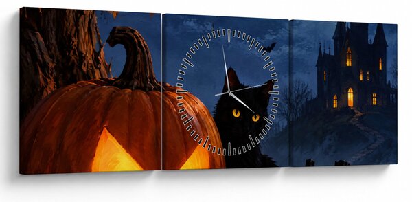 Kép - Fekete macska egy világító halloweeni tök mellett (órával) (90x30 cm)