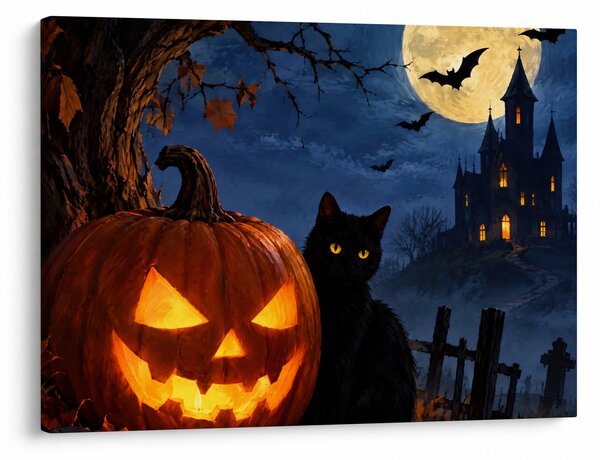 Kép - Fekete macska egy világító halloweeni tök mellett (70x50 cm)
