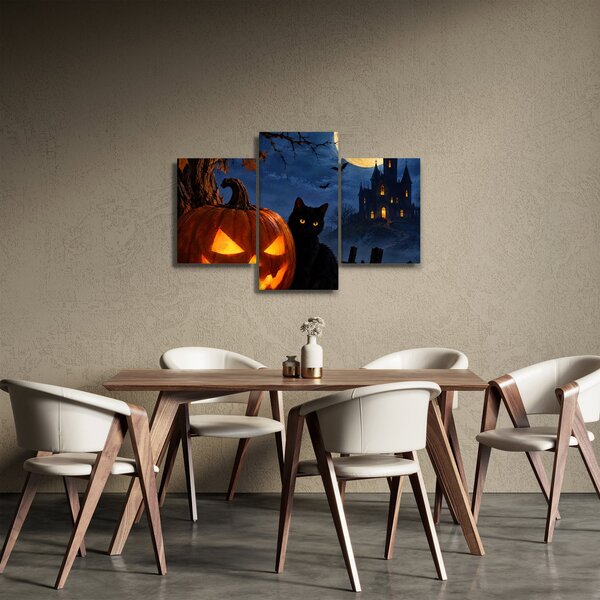Kép - Fekete macska egy világító halloweeni tök mellett (90x60 cm)