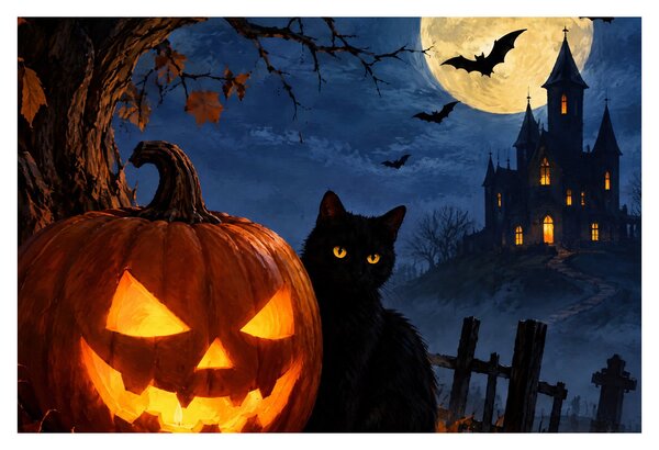 Kép - Fekete macska egy világító halloweeni tök mellett (90x60 cm)