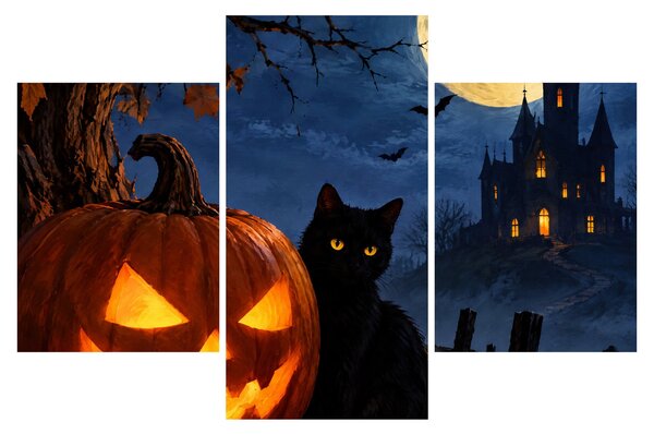 Kép - Fekete macska egy világító halloweeni tök mellett (90x60 cm)