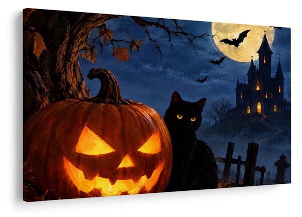 Kép - Fekete macska egy világító halloweeni tök mellett (90x60 cm)