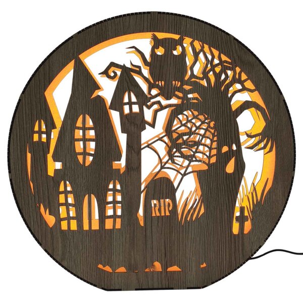 Fa Halloween lámpa - Kísértetház bagolyval | DRACO