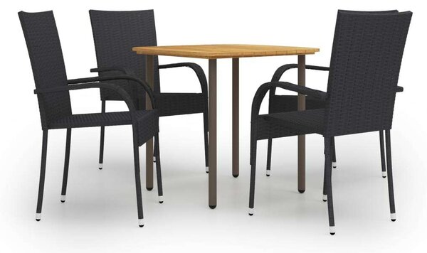 Kerti Étkezőgarnitúra - 5 részes - Fekete Polyrattan - 80x80cm Asztal