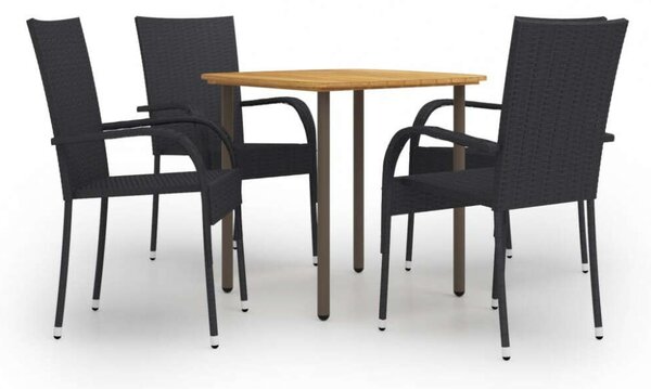 Kerti Étkezőgarnitúra - 5 részes - Fekete Polyrattan - 80x80cm Asztal