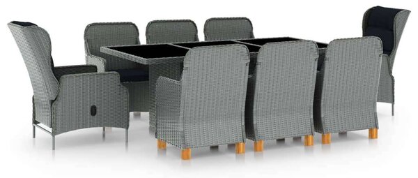 VidaXL 9 részes világosszürke polyrattan kültéri étkezőszett párnákkal