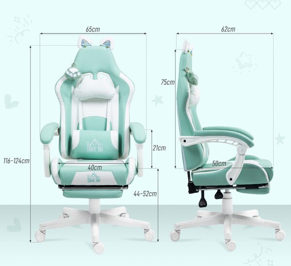 HOMCOM Dönthető Gamer Szék Lábtartóval és Párnákkal, Öko Bőrből és Habszivacsból Készült, 65x62x116-124 cm, Kék és Fehér Színben