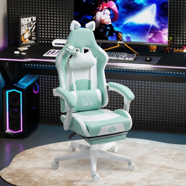 HOMCOM Dönthető Gamer Szék Lábtartóval és Párnákkal, Öko Bőrből és Habszivacsból Készült, 65x62x116-124 cm, Kék és Fehér Színben