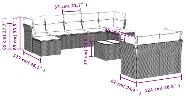VidaXL 10 részes barna polyrattan kerti ülőgarnitúra párnákkal