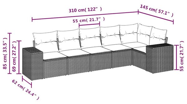 VidaXL 6 db barna polyrattan kerti kanapégarnitúra párnákkal