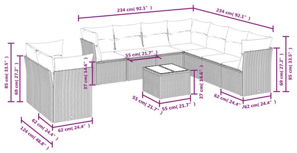 VidaXL Polyrattan Kerti Ülőgarnitúra - 10 részes - Szürke