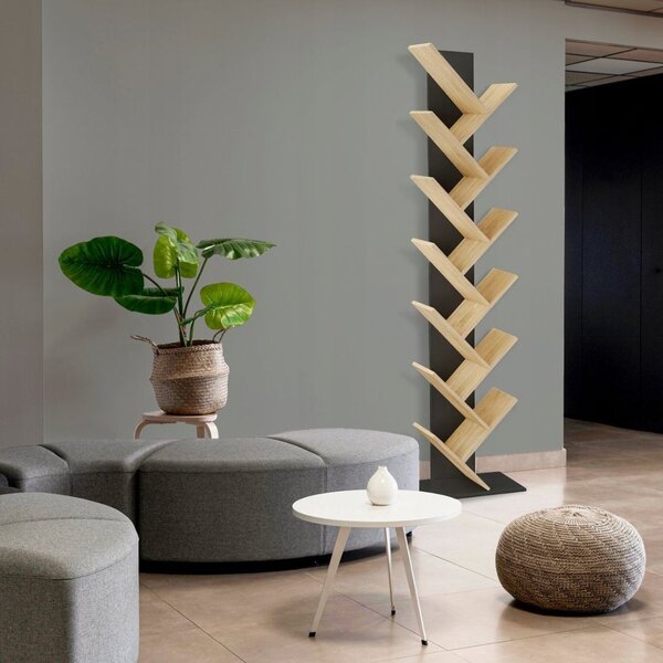 JUMI függőleges könyvespolc, 222x50x24 cm, fekete tölgy MDF, fa típus könyveknek és dekorációknak