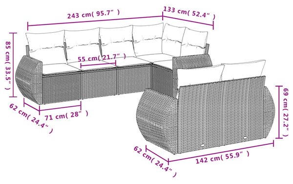 VidaXL 7 részes barna polyrattan kerti ülőgarnitúra párnákkal