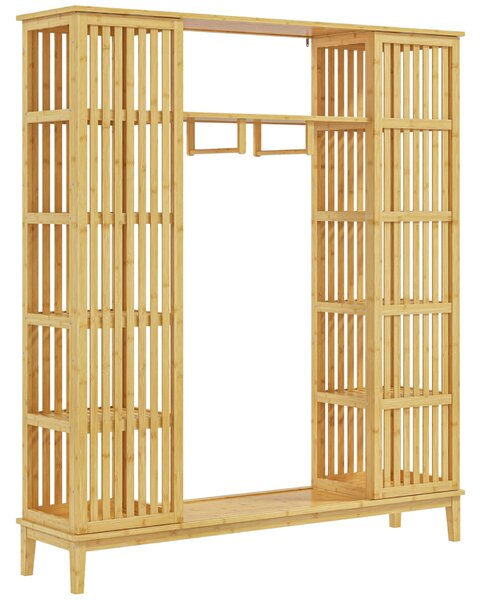 HOMCOM Bambusz Nyitott Gardrób 2 Tolóajtóval, Gardrób Polcokkal és Ruhatartó Sínnel, 145x35x165 cm, Natúr Fa