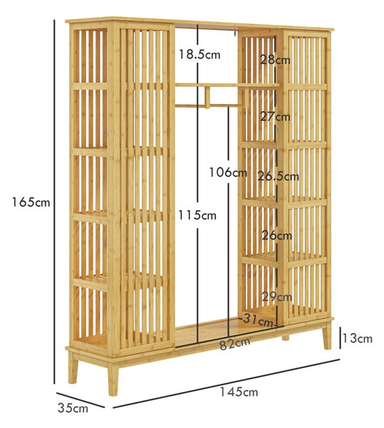 HOMCOM Bambusz Nyitott Gardrób 2 Tolóajtóval, Gardrób Polcokkal és Ruhatartó Sínnel, 145x35x165 cm, Natúr Fa