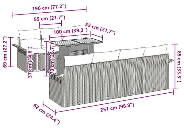Kerti Kanapé Szett 8-as készlet Szürke Rattan Kerti Kanapé Szett