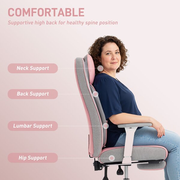 HOMCOM ergonomikus irodai szék, vezetői szék lábtartóval és széles üléssel, PU bőr, 135°-ban dönthető fejtámlával, karfákkal és állítható magassággal, forgógörgőkkel, 150 kg, rózsaszín