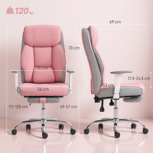 HOMCOM ergonomikus irodai szék, vezetői szék lábtartóval és széles üléssel, PU bőr, 135°-ban dönthető fejtámlával, karfákkal és állítható magassággal, forgógörgőkkel, 150 kg, rózsaszín