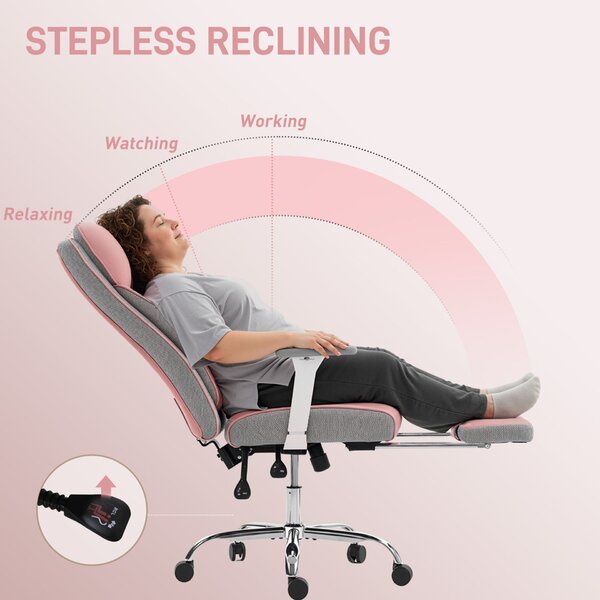 HOMCOM ergonomikus irodai szék, vezetői szék lábtartóval és széles üléssel, PU bőr, 135°-ban dönthető fejtámlával, karfákkal és állítható magassággal, forgógörgőkkel, 150 kg, rózsaszín