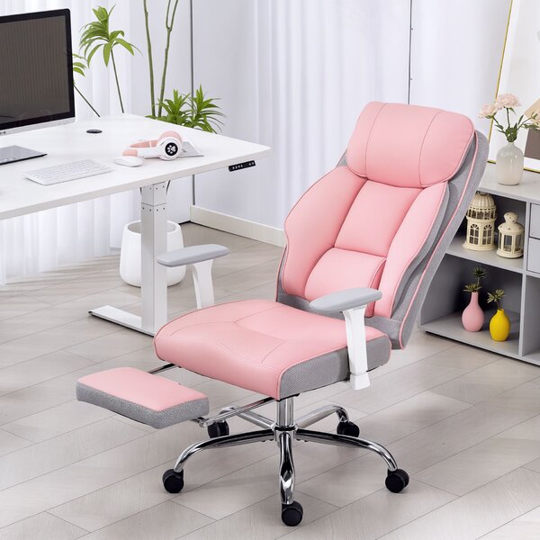 HOMCOM ergonomikus irodai szék, vezetői szék lábtartóval és széles üléssel, PU bőr, 135°-ban dönthető fejtámlával, karfákkal és állítható magassággal, forgógörgőkkel, 150 kg, rózsaszín