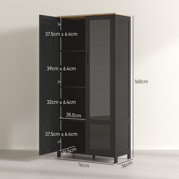 HOMCOM Konyhaszekrény 9 Állítható Polccal, Üvegajtókkal és Emelt Fa Aljzattal, 76x36x160 cm, Fekete