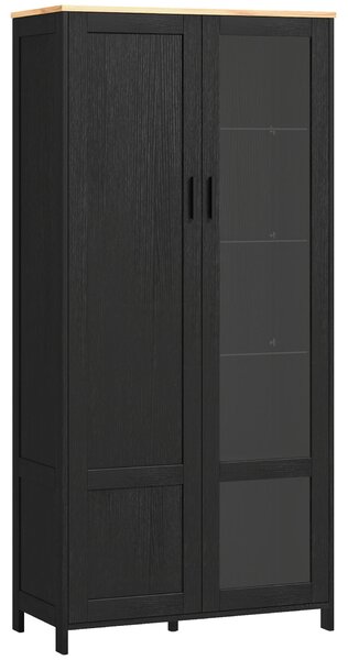 HOMCOM Konyhaszekrény 9 Állítható Polccal, Üvegajtókkal és Emelt Fa Aljzattal, 76x36x160 cm, Fekete